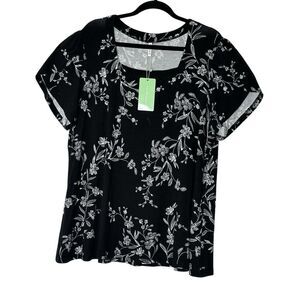 Taohuadao Top Women‎ 3X Black Short Sleeve Plus Stretch Flower Blouse New